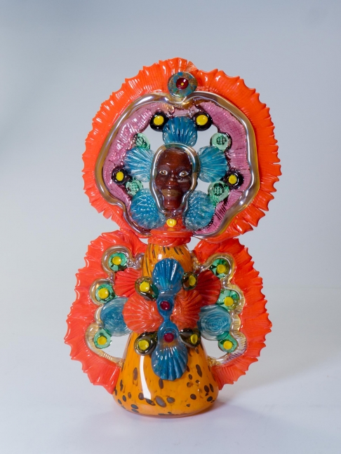 Mardi Gras Indian Queen Orange and Teal by Teri Walker & Chad Ridgeway | Hand sculpted hot glass Mardi Gras Indian Queen Orange and Teal